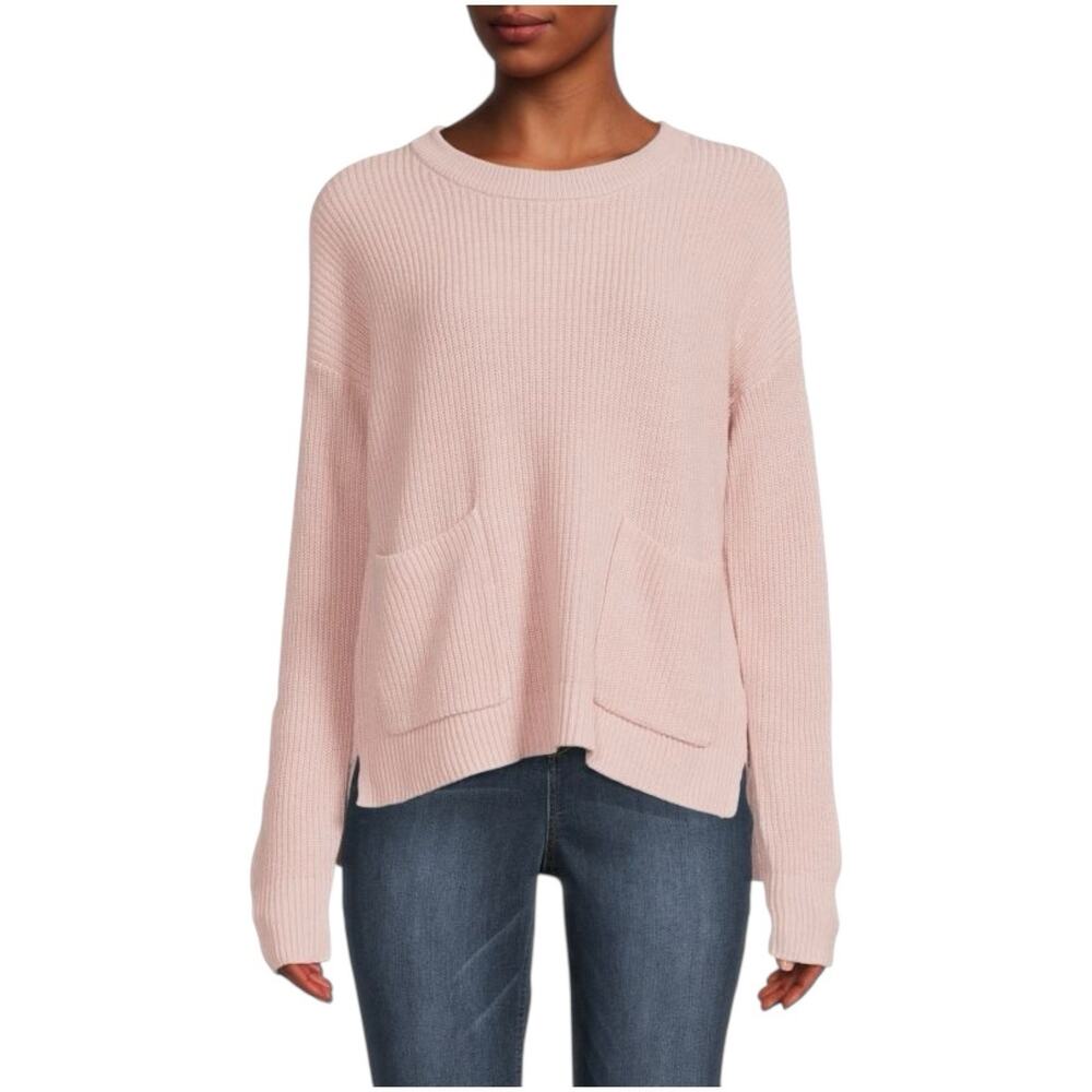 Madewell Pink Ribbed Knit Sweater M Patch Pocket Dropped Shoulder Crewneck Cozy